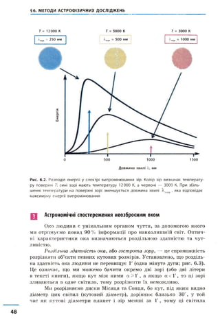 §6. МЕТОДИ АСТРОФІЗИЧНИХ ДОСЛІДЖЕНЬ
Т = 12000 К Т = 5800 К Т = 3000к
>-тах = 250 Н М 2т„ а 500 нм >_т„ я 1000 нм
0 500 1000 1500
Довжина хвилі нм
Рис. 6.2. Розподіл енергії у спектрі випромінювання зір. Колір зір визначає температу­
ру поверхні Т: сині зорі мають температуру 12000 К, а червоні — 3000 К. При збіль­
шенні температури на поверхні зорі зменшується довжина хвилі А.Іпах , яка відповідає
максимуму енергії випромінювання
П Астрономічні спостереження неозброєним оком
Око людини є унікальним органом чуття, за допомогою якого
ми отримуємо понад 90 % інформації про навколишній світ. Оптич­
ні характеристики ока визначаються роздільною здатністю та чут­
ливістю.
Роздільна здатність ока, або гострота зору, — це спроможність
розрізняти об’єкти певних кутових розмірів. Установлено, що розділь­
на здатність ока людини не перевищує Г (одна мінута дуги; рис. 6.3).
Це означає, що ми можемо бачити окремо дві зорі (або дві літери
в тексті книги), якщо кут між ними а > 1', а якщо а < Ґ , то ці зорі
зливаються в одне світило, тому розрізнити їх неможливо.
Ми розрізняємо диски Місяця та Сонця, бо кут, під яким видно
діаметр цих світил (кутовий діаметр), дорівнює близько 30', у той
час як кутові діаметри планет і зір менші за 1', тому ці світила
48
 
