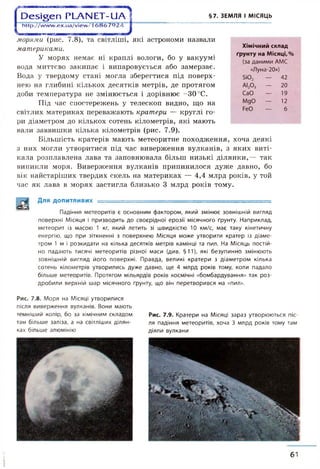 j Desigen PLANET-UА
I hup://w wvv.ex.ua/view / I 6 8 6 7 9 2 4
§7. ЗЕМЛЯ І МІСЯЦЬ
морями (рис. 7.8), та світліші, які астрономи назвали
материками.
У морях немає ні краплі вологи, бо у вакуумі
вода миттєво закипає і випаровується або замерзає.
Вода у твердому стані могла зберегтися під поверх­
нею на глибині кількох десятків метрів, де протягом
доби температура не змінюється і дорівнює -ЗО °С.
Під час спостережень у телескоп видно, що на
світлих материках переважають кратери — круглі го­
ри діаметром до кількох сотень кілометрів, які мають
вали заввишки кілька кілометрів (рис. 7.9).
Більшість кратерів мають метеоритне походження, хоча деякі
з них могли утворитися під час виверження вулканів, з яких виті­
кала розплавлена лава та заповнювала більш низькі ділянки,— так
виникли моря. Виверження вулканів припинилося дуже давно, бо
вік найстаріших твердих скель на материках — 4,4 млрд років, у той
час як лава в морях застигла близько 3 млрд років тому.
Хімічний склад
ґрунту на Місяці, %
(за даними АМС
«Луна-20»)
Si02 — 42
АІ20 3 — 20
СаО — 19
МдО — 12
FeO — б
Для ДОПИТЛИВИХ -
Падіння метеоритів є основним фактором, який змінює зовнішній вигляд
поверхні Місяця і призводить до своєрідної ерозії місячного ґрунту. Наприклад,
метеорит із масою 1 кг, який летить зі швидкістю 10 км/с, має таку кінетичну
енергію, що при зіткненні з поверхнею Місяця може утворити кратер із діаме­
тром 1 м і розкидати на кілька десятків метрів камінці та пил. На Місяць постій­
но падають тисячі метеоритів різної маси (див. §11), які безупинно змінюють
зовнішній вигляд його поверхні. Правда, великі кратери з діаметром кілька
сотень кілометрів утворились дуже давно, ще 4 млрд років тому, коли падало
більше метеоритів. Протягом мільярдів років космічні «бомбардування» так роз­
дробили верхній шар місячного ґрунту, що він перетворився на «пил».
Рис. 7.8. Моря на Місяці утворилися
після виверження вулканів. Вони мають
темніший колір, бо за хімічним складом
там більше заліза, а на світліших ділян­
ках більше алюмінію
Рис. 7.9. Кратери на Місяці зараз утворюються піс­
ля падіння метеоритів, хоча 3 млрд років тому там
діяли вулкани
І
61
 