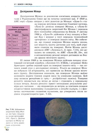§7. ЗЕМЛЯ І МІСЯЦЬ
Дослідження Місяця
Дослідження Місяця за допомогою космічних апаратів розпо­
чали в Радянському Союзі ще на початку космічної ери. У 1959 р.
АМС серії «Луна» вперше у світі долетіли до Місяця: «Луна-1» ста­
ла першою штучною планетою Сонячної системи,
«Луна-2» досягла поверхні Місяця, а «Луна-3»
сфотографувала зворотний бік Місяця і передала
його телевізійне зображення на Землю. У лютому
1966 р. «Луна-9» здійснила м’яку посадку в Оке­
ані Бур і вперше у світі передала телевізійний
«репортаж» із поверхні іншого світу. Ми побачи­
ли, що справді поверхня Місяця вкрита пилом,
але міцність ґрунту достатня для того, щоб утри­
мати станцію на поверхні. Потім Місяць дослі­
джували АМС «Луноход-1, 2» (рис. 7.11), які ру­
хались по поверхні, та АМС «Луна-20, 24», які
в автоматичному режимі вперше доставили на Зем­
лю зразки місячного ґрунту.
21 липня 1969 р. на поверхню Місяця здійснив посадку піло­
тований космічний корабель «Аполлон-11» (СІЛА), і астронавт Нейл
Армстронг зробив перший крок по поверхні іншого світу — так по­
чався новий етап у дослідженні космосу. Усього на поверхні Міся­
ця побувало 12 астронавтів, які привезли на Землю зразки місяч­
ного ґрунту. Дослідження показали, що поверхня Місяця майже
цілковито вкрита тонким шаром пилу та уламками каміння. Цей
шар назвали р е го л іто м (з грец.— роздріблений камінь). Товщина
реголіту змінюється від місця до місця і становить у середньому
кілька метрів. Аналіз реголіту приніс несподівані результати: роз­
міри цих частинок — від мікрометрів до метрів; за хімічним складом
мікрочастинки наполовину складаються з оксидів силіцію, і є фак­
тично маленькими скляними кульками, що утворились після па­
діння мікрометеоритів (рис. 7.12).
Головні етапи
космічних досліджень
Місяця
Рік Апарат Країна
1959 Луна-2 СРСР
1959 Луна-3 СРСР
1966 Луна-9 СРСР
1969 Аполлон-11 США
1970 Луноход-1 СРСР
Рис. 7.10. Зображення
зворотного боку Міся­
ця, яке було створене
на основі фотографій
АМС «Луна-3». Десятки
кратерів на Місяці на­
звали на честь україн­
ських астрономів
62
 