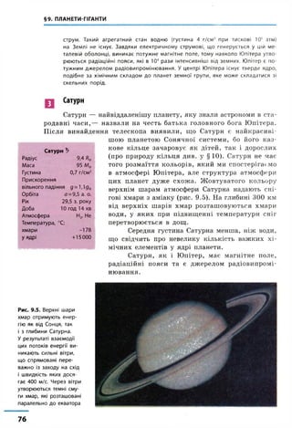 §9. ПЛАНЕТИ-ГІГАНТИ
струм. Такий агрегатний стан водню (густина 4 г/см5при тискові 106 атм)
на Землі не існує. Завдяки електричному струмові, що генерується у цій ме­
талевій оболонці, виникає потужне магнітне поле, тому навколо Юпітера утво­
рюються радіаційні пояси, які в 104рази інтенсивніші від земних. Юпітер є по­
тужним джерелом радіовипромінювання. Уцентрі Юпітера існує тверде ядро,
подібне за хімічним складом до планет земної групи, яке може складатися зі
скельних порід.
Сатурн
Сатурн Ь
Радіус 9,4/?0
Маса 95 Ме
Густина
Прискорення
0,7 г/см3
вільного падіння д=1,1д®
Орбіта о = 9,5 а. о.
Рік 29,5 з. року
Доба 10 год 14 хв
Атмосфера Н» Не
Температура, °С:
хмари -178
у ядрі +15000
Сатурн — найвіддаленішу планету, яку знали астрономи в ста­
родавні часи,— назвали на честь батька головного бога Юпітера.
Після винайдення телескопа виявили, що Сатурн є найкрасиві­
шою планетою Сонячної системи, бо його каз­
кове кільце зачаровує як дітей, так і дорослих
(про природу кільця див. у §10). Сатурн не має
того розмаїття кольорів, який ми спостерігаємо
в атмосфері Юпітера, але структура атмосфери
цих планет дуже схожа. Жовтуватого кольору
верхнім шарам атмосфери Сатурна надають сні­
гові хмари з аміаку (рис. 9.5). На глибині 300 км
від верхніх шарів хмар розташовуються хмари
води, у яких при підвищенні температури сніг
перетворюється в дощ.
Середня густина Сатурна менша, ніж води,
що свідчить про невелику кількість важких хі­
мічних елементів у ядрі планети.
Сатурн, як і Юпітер, має магнітне поле,
радіаційні пояси та є джерелом радіовипромі­
нювання.
Рис. 9.5. Верхні шари
хмар отримують енер­
гію як від Сонця, так
і з глибини Сатурна.
У результаті взаємодії
цих потоків енергії ви­
никають сильні вітри,
що спрямовані пере­
важно із заходу на схід
і швидкість яких дося­
гає 400 м/с. Через вітри
утворюються темні сму­
ги хмар, які розташовані
паралельно до екватора
76
 