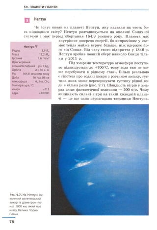 §9. ПЛАНЕТИТІГАНТИ
Нептун
Чи існує
га підводного
системи і має
Нептун ¥
Радіус 3,9 Ъ
Маса 17,2 МФ
Густина 1,6 г/см3
Прискорення
вільного падіння д=1,2дф
Орбіта я=30 а. о.
Рік 164,8 земного року
Доба 16 год Об хв
Атмосфера Н2, Не, СН<
Температура, ‘>С:
хмари -213
ядра +10000
океан на планеті Нептун, яку назвали на честь бо-
світу? Нептун розташовується на околиці Сонячної
період обертання 164,8 земного року. Планета має
внутрішнє джерело енергії, бо випромінює у кос­
мос тепла майже втричі більше, ніж одержує йо­
го від Сонця. Від часу свого відкриття у 1846 р.
Нептун зробив повний оберт навколо Сонця тіль­
ки у 2011 р.
Під хмарами температура атмосфери поступо­
во підвищується до +700 °С, тому вода там не мо­
же перебувати в рідкому стані. Більш реальною
є гіпотеза про водяні хмари з розчином аміаку, гус­
тина яких може перевершувати густину рідкої во­
ди в кілька разів (рис. 9.7). Швидкість вітрів у хма­
рах сягає фантастичної величини — 500 м/с. Чому
виникають сильні вітри на такій холодній плане­
ті — це ще одна нерозгадана таємниця Нептуна.
Рис. 9.7. На Нептуні ви­
явлений велетенський
вихор із діаметром по­
над 1000 км, який має
назву Велика Чорна
Пляма
78
 