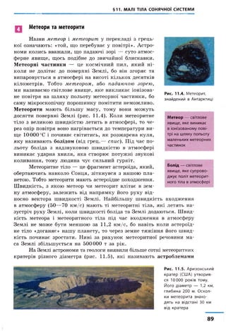§11. МАЛІ ТІЛА СОНЯЧНОЇ СИСТЕМИ
Метеори та метеорити
Назви метеор і метеорит у перекладі з грець­
кої означають: «той, що перебуває у повітрі». Астро­
номи колись вважали, що падаючі зорі — суто атмос­
ферне явище, щось подібне до звичайної блискавки.
Метеорні частинки — це космічний пил, який ні­
коли не долітає до поверхні Землі, бо він згоряє та
випаровується в атмосфері на висоті кількох десятків
кілометрів. Тобто метеором, або падаючою зорею,
ми називаємо світлове явище, яке викликає іонізова­
не повітря на шляху польоту метеорної частинки, бо
саму мікроскопічну порошинку помітити неможливо.
Метеорити мають більшу масу, тому вони можуть
досягти поверхні Землі (рис. 11.4). Коли метеоритне
тіло з великою швидкістю летить в атмосфері, то че­
рез опір повітря воно нагрівається до температури ви­
ще 10 000 °С і починає світитись, як розжарена куля,
яку називають болідом (від грец.— спис). Під час по­
льоту боліда з надзвуковою швидкістю в атмосфері
виникає ударна хвиля, яка створює потужні звукові
коливання, тому людина чує сильний гуркіт.
Метеоритне тіло — це фрагмент астероїда, який,
обертаючись навколо Сонця, зіткнувся з нашою пла­
нетою. Тобто метеорити мають астероїдне походження.
Швидкість, з якою метеор чи метеорит влітає в зем­
ну атмосферу, залежить від напрямку його руху від­
носно вектора швидкості Землі. Найбільшу швидкість входження
в атмосферу (50—70 км/с) мають ті метеоритні тіла, які летять на­
зустріч руху Землі, коли швидкості боліда та Землі додаються. Швид­
кість метеора і метеоритного тіла під час входження в атмосферу
Землі не може бути меншою за 11,2 км/с, бо навіть коли астероїд­
не тіло «доганяє» нашу планету, то через земне тяжіння його швид­
кість починає зростати. Нині за рахунок метеоритної речовини ма­
са Землі збільшується на 500000 т за рік.
На Землі астрономи та геологи виявили більше сотні метеоритних
кратерів різного діаметра (рис. 11.5), які називають астроблемами
Рис. 11.4. М е т е о р и т ,
з н а й д е н и й в А н тар к т и ц і
Метеор — світлове
явище, яке виникає
в іонізованому пові­
трі на шляху польоту
маленьких метеорних
частинок
Болід — світлове
явище, яке супрово­
джує політ метеорит­
ного тіла в атмосфері
Рис. 11.5. А р и з о н с ь к и й
к р а т е р (США) у т в о р и в ­
с я 10 0 0 0 р о к і в том у.
Й о г о д і а м е т р — 1,2 км,
г л и б и н а 2 0 0 м. О с к о л ­
к и м е т е о р и т а з н а х о ­
д я т ь н а в ід с т а н і 30 км
в ід к р а т е р а
89
 