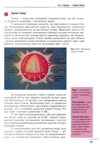 §12. СОНЦЕ — НАША ЗОРЯ
Будова Сонця
Сонце — величезна розжарена плазмова куля, що має склад­
ну будову її зовнішніх і внутрішніх шарів.
У результаті фізичних процесів, що протікають в надрах Сон­
ця, безперервно виділяється енергія, яка передається зовнішнім
шарам і розподіляється на все більшу площу. Внаслідок цього з на­
ближенням до поверхні температура сонячної плазми поступово зни­
жується. Залежно від температури та характеру процесів, що визнача­
ються цією температурою, Сонце умовно розділяють на такі області
з різним фізичним станом речовини та розподілом енергії: ядро, зона
радіації, конвективна зона та атмосфера (рис. 12.1).
Корона
Ядро х
4•мпература
15-10* К
- ■ - " У ’ ' ' ■ . ' ■ У
Грануляція
Пляма
Протуберанець
Конвективна
зонаідіації
Фотосфера
Температура
5780 К
Рис. 12.1. Внутрішня
будова Сонця
Ц ент ральна область (ядро) займає відносно
невеликий об’єм, але завдяки великій густині ядра,
яка збільшується до центра, там зосереджена значна
частина маси Сонця. Величезний тиск та надвисока
температура забезпечують протікання термоядерних
реакцій, які є основним джерелом енергії Сонця. Ра­
діус ядра становить приблизно 1/ЗДИ.
У зоні променистої рівноваги, або зоні радіації,
що оточує ядро на відстані до 2/3Д0, енергія поши­
рюється шляхом послідовного поглинання і наступ­
ного перевипромінювання речовиною квантів електро­
магнітної енергії.
У конвективній зоні (від верхнього шару зони
радіації, майже до самої видимої межі Сонця — фо­
тосфери) енергія передається вже не випромінюван­
ням. а за допомогою конвекції, тобто шляхом гіере-
Ядро — центральні
області Сонця, де про­
тікають термоядерні
реакції
Зона радіації — зона,
де енергія перено­
ситься шляхом пере­
випромінювання
окремих квантів
Конвективна зона —
зона, де здійснюється
передача енергії шля­
хом перемішування —
більш гарячі комірки
спливають угору,
а холодні опускають­
ся донизу
97
 