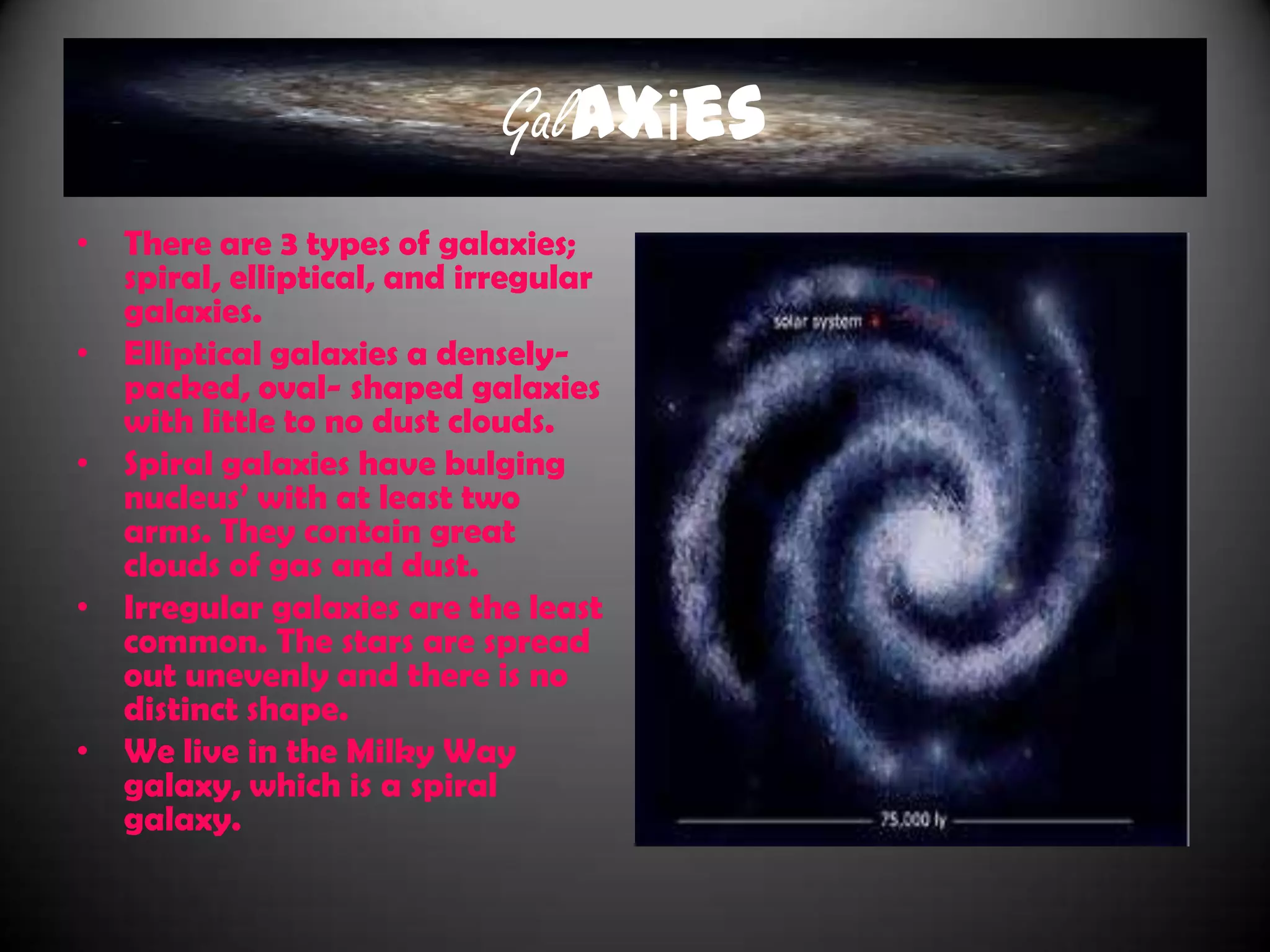 Major Moons of Other Planets
•   Mercury: No moons
•   Venus: No moons
•   Earth: 1 moon ( Luna )
•   Mars: 2 moons ( Phobos and Deimos )
•   Jupiter: 63 moons (IO, Europa, Ganymede, and
    Callisto)
•   Saturn: 61 moons ( Titan and Rhea )
•   Uranus: 27 moons ( Cordelia and Ophehia )
•   Neptune: 13 moons ( Triton )
•   The list above contains how many moons they
    have and the major moons of each.
 