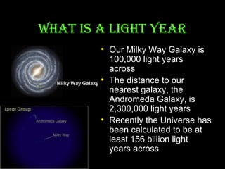 whaT IS a LIghT YeaR
• Our Milky Way Galaxy is
100,000 light years
across
Milky Way Galaxy • The distance to our
nearest galaxy, the
Andromeda Galaxy, is
2,300,000 light years
• Recently the Universe has
been calculated to be at
least 156 billion light
years across

 