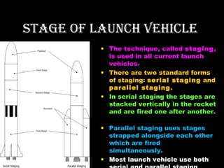STAGE OF LAUNCH VEHICLE
• The technique, called staging,
is used in all current launch
vehicles.
• There are two standard forms
of staging: serial staging and
parallel staging.
• In serial staging the stages are
stacked vertically in the rocket
and are fired one after another.
• Parallel staging uses stages
strapped alongside each other
which are fired
simultaneously.
• Most launch vehicle use both

 