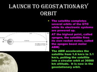 LAUNCH TO GEOSTATIONAry
OrbIT
• The satellite completes
several orbits of the GTO
while its electronic systems
are powered up.
• AT the highest point, called
apogee, the satellite fires
its own rocket motor, called
the apogee boost motor
ABM)
• The ABM accelerates the
satellite from 1.6 km/s to 3.1
km/s, putting the satellite
into a circular orbit at 36000
km altitude. It is now in the
geostationary orbit.

 