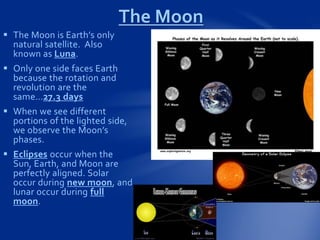 The Moon
 The Moon is Earth’s only
natural satellite. Also
known as Luna.
 Only one side faces Earth
because the rotation and
revolution are the
same…27.3 days
 When we see different
portions of the lighted side,
we observe the Moon’s
phases.
 Eclipses occur when the
Sun, Earth, and Moon are
perfectly aligned. Solar
occur during new moon, and
lunar occur during full
moon.
 