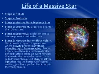  Stage 1: Nebula
 Stage 2: Protostar
 Stage 3: Massive Main Sequence Star
 Stage 4: Supergiant, larger and brighter
than giant stars.
 Stage 5: Supernova, explosion due to
intense pressure inside the core.
 Stage 6: Neutron Star or Black Hole. A
black hole is a region of space-time
where gravity prevents anything,
including light, from escaping. Around
a black hole there is a mathematically
defined surface called an event horizon
that marks the point of no return. It is
called "black" because it absorbs all the
light that hits the horizon, reflecting
nothing, just like a perfect black body in
thermodynamics.
Life of a Massive Star
 