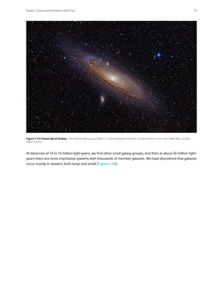 Figure 1.13 Closest Spiral Galaxy. The Andromeda galaxy (M31) is a spiral-shaped collection of stars similar to our own Milky Way. (credit:
Adam Evans)
At distances of 10 to 15 million light-years, we find other small galaxy groups, and then at about 50 million light-
years there are more impressive systems with thousands of member galaxies. We have discovered that galaxies
occur mostly in clusters, both large and small (Figure 1.14).
Chapter 1 Science and the Universe: A Brief Tour 25
 