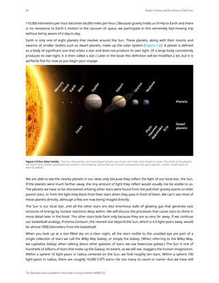 110,000 kilometers per hour becomes 66,000 miles per hour.) Because gravity holds us firmly to Earth and there
is no resistance to Earth’s motion in the vacuum of space, we participate in this extremely fast-moving trip
without being aware of it day to day.
Earth is only one of eight planets that revolve around the Sun. These planets, along with their moons and
swarms of smaller bodies such as dwarf planets, make up the solar system (Figure 1.8). A planet is defined
as a body of significant size that orbits a star and does not produce its own light. (If a large body consistently
produces its own light, it is then called a star.) Later in the book this definition will be modified a bit, but it is
perfectly fine for now as you begin your voyage.
Figure 1.8 Our Solar Family. The Sun, the planets, and some dwarf planets are shown with their sizes drawn to scale. The orbits of the planets
are much more widely separated than shown in this drawing. Notice the size of Earth compared to the giant planets. (credit: modification of
work by NASA)
We are able to see the nearby planets in our skies only because they reflect the light of our local star, the Sun.
If the planets were much farther away, the tiny amount of light they reflect would usually not be visible to us.
The planets we have so far discovered orbiting other stars were found from the pull their gravity exerts on their
parent stars, or from the light they block from their stars when they pass in front of them. We can’t see most of
these planets directly, although a few are now being imaged directly.
The Sun is our local star, and all the other stars are also enormous balls of glowing gas that generate vast
amounts of energy by nuclear reactions deep within. We will discuss the processes that cause stars to shine in
more detail later in the book. The other stars look faint only because they are so very far away. If we continue
our basketball analogy, Proxima Centauri, the nearest star beyond the Sun, which is 4.3 light-years away, would
be almost 7000 kilometers from the basketball.
When you look up at a star-filled sky on a clear night, all the stars visible to the unaided eye are part of a
single collection of stars we call the Milky Way Galaxy, or simply the Galaxy. (When referring to the Milky Way,
we capitalize Galaxy; when talking about other galaxies of stars, we use lowercase galaxy.) The Sun is one of
hundreds of billions of stars that make up the Galaxy; its extent, as we will see, staggers the human imagination.
Within a sphere 10 light-years in radius centered on the Sun, we find roughly ten stars. Within a sphere 100
light-years in radius, there are roughly 10,000 (104
) stars—far too many to count or name—but we have still
20 Chapter 1 Science and the Universe: A Brief Tour
This OpenStax book is available for free at http://cnx.org/content/col11992/1.13
 
