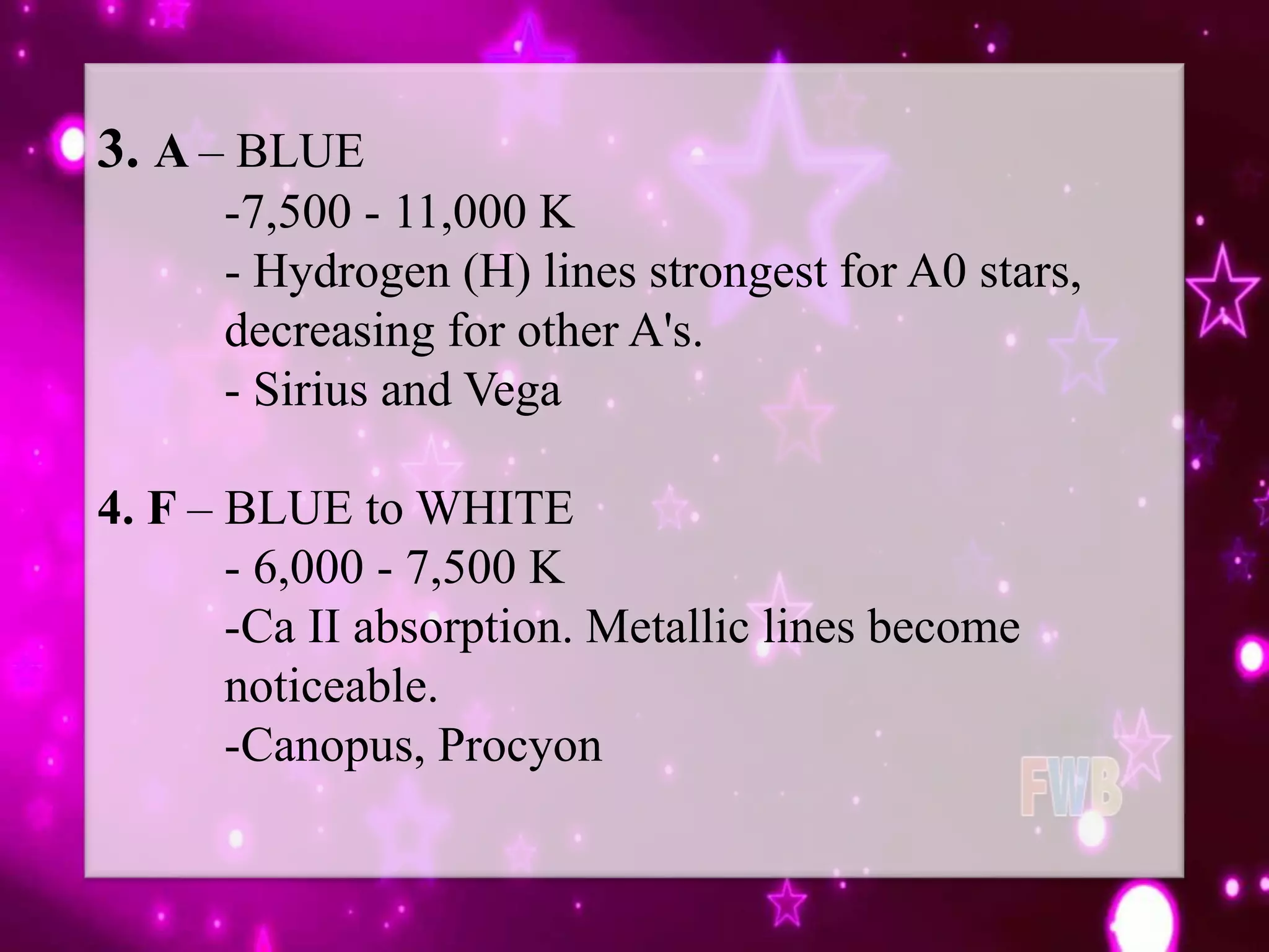3. A – BLUE
-7,500 - 11,000 K
- Hydrogen (H) lines strongest for A0 stars,
decreasing for other A's.
- Sirius and Vega
4. F – BLUE to WHITE
- 6,000 - 7,500 K
-Ca II absorption. Metallic lines become
noticeable.
-Canopus, Procyon
 