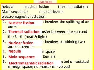 1
UNIT CHECK
1. Nuclear reaction that involves the splitting of an
atom
2. means of energy transfer between the sun and
the Earth (heat & light)
3. Nuclear reaction that involves combining two
atoms together
4. cloud of dust & gas in space
5. In what phase is our Sun in?
6. form of energy that can be reflected or radiated
through space; no matter is involved
nebula nuclear fusion thermal radiation
Main sequence nuclear fission
electromagnetic radiation
Electromagnetic radiation
Thermal radiation
Nuclear fusion
Nebula
Main sequence
Nuclear fission
 