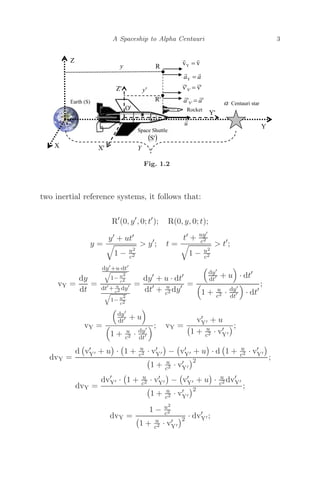 A Spaceship to Alpha Centauri 3
Fig. 1.2
two inertial reference systems, it follows that:
R
(0, y
, 0; t
); R(0, y, 0; t);
y =
y + ut

1 − u2
c2
 y
; t =
t + uy
c2

1 − u2
c2
 t
;
vY =
dy
dt
=
dy
+u·dt

1− u2
c2
dt
+ u
c2 dy

1− u2
c2
=
dy
+ u · dt
dt
+ u
c2 dy =

dy
dt + u

· dt

1 + u
c2 · dy
dt

· dt
;
vY =

dy
dt + u


1 + u
c2 · dy
dt
; vY =
v
Y + u

1 + u
c2 · v
Y
;
dvY =
d

v
Y + u ·

1 + u
c2 · v
Y −

v
Y + u · d

1 + u
c2 · v
Y

1 + u
c2 · v
Y
2 ;
dvY =
dv
Y ·

1 + u
c2 · v
Y −

v
Y + u · u
c2 dv
Y

1 + u
c2 · v
Y
2 ;
dvY =
1 − u2
c2

1 + u
c2 · v
Y
2 · dv
Y ;
 