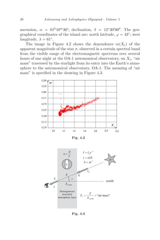 38 Astronomy and Astrophysics Olympiad - Volume 3
ascension, α = 01h10m36s; declination, δ = 12◦3000. The geo-
graphical coordinates of the island are: north latitude, ϕ = 43◦; west
longitude, λ = 61◦.
The image in Figure 4.2 shows the dependence m(Xr) of the
apparent magnitude of the star σ, observed in a certain spectral band
from the visible range of the electromagnetic spectrum over several
hours of one night at the OA-1 astronomical observatory, on Xr, “air
mass” traversed by the starlight from its entry into the Earth’s atmo-
sphere to the astronomical observatory, OA-1. The meaning of “air
mass” is speciﬁed in the drawing in Figure 4.3.
Fig. 4.2
“air mass”
Fig. 4.3
 