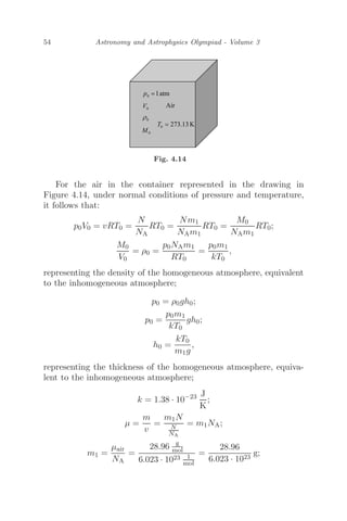 54 Astronomy and Astrophysics Olympiad - Volume 3
Fig. 4.14
For the air in the container represented in the drawing in
Figure 4.14, under normal conditions of pressure and temperature,
it follows that:
p0V0 = vRT0 =
N
NA
RT0 =
Nm1
NAm1
RT0 =
M0
NAm1
RT0;
M0
V0
= ρ0 =
p0NAm1
RT0
=
p0m1
kT0
,
representing the density of the homogeneous atmosphere, equivalent
to the inhomogeneous atmosphere;
p0 = ρ0gh0;
p0 =
p0m1
kT0
gh0;
h0 =
kT0
m1g
,
representing the thickness of the homogeneous atmosphere, equiva-
lent to the inhomogeneous atmosphere;
k = 1.38 · 10−23 J
K
;
μ =
m
v
=
m1N
N
NA
= m1NA;
m1 =
μair
NA
=
28.96 g
mol
6.023 · 1023 1
mol
=
28.96
6.023 · 1023
g;
 