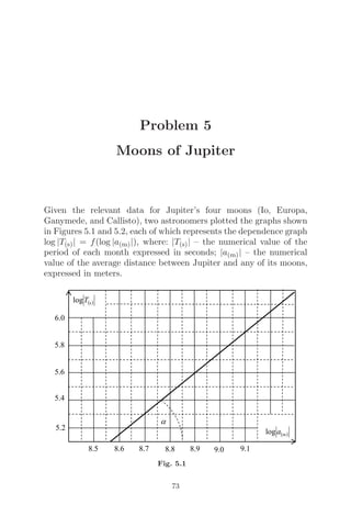 Problem 5
Moons of Jupiter
Given the relevant data for Jupiter’s four moons (Io, Europa,
Ganymede, and Callisto), two astronomers plotted the graphs shown
in Figures 5.1 and 5.2, each of which represents the dependence graph
log |T(s)| = f(log |a(m)|), where: |T(s)| – the numerical value of the
period of each month expressed in seconds; |a(m)| – the numerical
value of the average distance between Jupiter and any of its moons,
expressed in meters.
Fig. 5.1
73
 