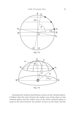 Visible Circumpolar Stars 83
Fig. 7.2
Fig. 7.3
Assuming the uniform distribution of stars on the celestial sphere,
it follows that the ratio between the surface area of the dome on the
celestial sphere and the surface area of the entire celestial sphere is
equal to the ratio between the number of stars on the dome and the
 