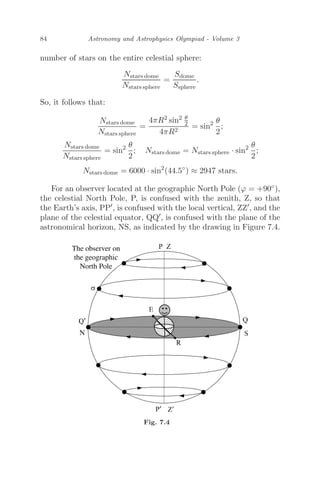 84 Astronomy and Astrophysics Olympiad - Volume 3
number of stars on the entire celestial sphere:
Nstars dome
Nstars sphere
=
Sdome
Ssphere
.
So, it follows that:
Nstars dome
Nstars sphere
=
4πR2 sin2 θ
2
4πR2
= sin2 θ
2
;
Nstars dome
Nstars sphere
= sin2 θ
2
; Nstars dome = Nstars sphere · sin2 θ
2
;
Nstars dome = 6000 · sin2
(44.5◦
) ≈ 2947 stars.
For an observer located at the geographic North Pole (ϕ = +90◦),
the celestial North Pole, P, is confused with the zenith, Z, so that
the Earth’s axis, PP, is confused with the local vertical, ZZ, and the
plane of the celestial equator, QQ, is confused with the plane of the
astronomical horizon, NS, as indicated by the drawing in Figure 7.4.
The observer on
the geographic
North Pole
Fig. 7.4
 