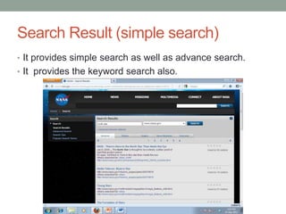 Search Result (simple search)
• It provides simple search as well as advance search.
• It provides the keyword search also.
 