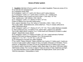 Zones of Solar system
1. Vaşaţkāra-Vāk (field of Sun) is şaţ (6), so it is called Vaşaţkāra. These are zones of 3 to
33 at intervals of 6 ahargaņa each.
(a) 3 ahargaņa =Earth itself.
(b) 9 ahargaņa = earth x 26 = earth x 64. Moon is at 61 radius distance.
(c) 15 ahargaņa = earth x 212 = earth radius x 2.6125 x 107 = Varāha zone.
Difference between radii of Earth and venus orbits = (150-108) x 106 Km.
Thus, Varāha zone = (26.125/42) x 100 = 62.2%.
(d) 21 ahargaņa = earth x 218 = Radius of 1672 x 106 Km.
Chakra of Ratha of sun has1000 yojana radius.
Here, yojana =diameter of sun. So, radius is 13,92,000 x 1000 = 1392 x 106 Km.
This is also called Sahasrākśa zone, where ākśa=sun. Thus 21 crosses ratha and is
called Rathantara-sāma.
(e) 27 ahargaņa = earth x 224 = Radius of 1.07 x 1011 Km. This is called Maitreya-maņɖala.
In Vişņu purāņa (2/7) etc. it is stated of 105 yojana. Here, yojana is sun diameter.
This is also called Sāvitrī =creative. It is 224 times earth and chhanda of 24 letters is called
Gāyatrī . Gāyatrī also means Sāvitrī .
(f) 33 ahargaņa = earth x 230= Radius of 6.848 x 1012 Km. Latest estimate of farthest
objects is Oort cloud at distance between 75 to 150 thousand AU.
Larger limit =1.5 x 108 x 1.5 x105 Km = 2.25 x1013 Km
(g) 34 ahargaņa is of double size called Prajāpati.
2. Sun centric Trişţup chhanda- Trişţup chhanda has 4 parts of 11 letters each. 3 parts are
3 zones of solar system called 3 steps of Vişņu. Complete Chhanda is of 44 letters. That is
measure of Maharloka. It is taken 43 only as Chhanda can be of 2 letters more or less.
It is equal to width of spiral arm of galaxy, called Śeşa-nāga. It has about 1000 stars called
1000 heads of Śeşa. The 3 zones or steps of Vişņu are zones of heat, brightness and light.
3. Two parts-Planetary zone is called Bŗhaspati, the largest planet. Outer zone is after
1000 Sun-diameters = Sahasrākśa or Indra-
 
