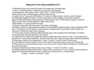 Measures of Time-Sūrya-siddhānta (14/1)
(1) Brāhma-His day is time period of creation of 9 stages from formless stage.
1 Yuga = 12, 000 Divya-year. In astronomy, Divya year =360 solar year
1 day of Brahmā =1000 yugas =1000 x 12000 x 360 = 4,32,00,00,000 years.
Same period is night, when all merge in same formless source.
In modern terms, 1 day-night of 8.64 billion LY is radius of visible universe and also cycle of creation.
(2) Prājāpatya-Prajāpati is Creator. His work started with creation of galaxy. Axial rotation period of
galaxy is called Manvantara. Galaxy element is called Manu. It has 1011 stars which is equal to number of
cells in human brain. So Brain element is called mana (mind).
1 Manvantara = 71 yugas =30.68 crore years
(3) Divya-1 Divya year =360 solar years. It can have 3 meanings-
(a) Rotation period of imaginary planet at distance of 60 AU(called Nakśatra-kakśā in Sūrya-siddhānta (12/80)
(b) In 1 day-night cycle, sun makes a circle at horizon. Similarly cycle of north-south motion is taken as 1
Divya day, and 360 such days make divya-year.
( c) This is cycle of historic changes called Parivarta-yuga in Vāyu-purāņa in list of 28 Vyāsas. It includes
current generation with past and next =120 x3 years.
(4) Jupiter year-It is period of 361.0486 days taken by jupiter with mean motion in 1 sign. In north India, this is
actual time in 1 sign (Sūrya-siddhānta) . In south India, solar year is taken as Jupiter year (Pitāmaha-siddhānta)
(5) Solar year-1rotation of sun (apparent) is 1 year. 12 part is 1 month. 30 part f month is day.
(6) Lunar-Month is synodic rotation of moon in 29.5 days of 2 equal parts-new moon to full is bright half.
(7) Pitara-They live on opposite side of moon. So, lunar month is 1 day of Pitaras. 30 days are 1 month and 12
such months are year.
(8) Sāvana (Civil)-Sunrise to next sunrise is day. 30 days = 1 month. 12 months = 1 year.
(9) Nākśatra (sidereal)-Axial rotation period of about 23 hrs 56 minutes is 1 day. Sunrise to next rise period is
bigger by 4 minutes as earth has to move 1 degree more covered by sun in annual motion.
30 days = 1 month. 12 months = 1 year.
 