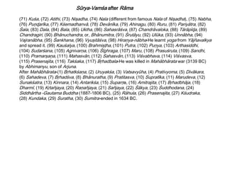 (71) Kuśa, (72) Atithi, (73) Nişadha, (74) Nala (different from famous Nala of Nişadha), (75) Nabha,
(76) Puņɖarīka, (77) Kśemadhanvā, (78) Devānīka, (79) Ahinagu, (80) Ruru, (81) Pariyātra, (82)
Śala, (83) Dala, (84) Bala, (85) Uktha, (86) Sahasrāśva, (87) Chandrāvaloka, (88) Tārāpīɖa, (89)
Chandragiri, (90) Bhānuchandra, or, Bhānumitra, (91) Śrutāyu, (92) Ulūka, (93) Unnābha, (94)
Vajranābha, (95) Śankhana, (96) Vyuşitāśva, (98) Hiraņya-nābha-He learnt yoga from Yājñavalkya
and spread it. (99) Kauśalya, (100) Brahmişţha, (101) Putra, (102) Puņya, (103) Arthasiddhi,
(104) Sudarśana, (105) Agnivarņa, (106) Śīghraga, (107) Maru, (108) Prasuśruta, (109) Sandhi,
(110) Pramarşaņa, (111) Mahasvān, (112) Sahasvān, (113) Viśvabhava, (114) Viśvasva,
(115) Prasenajita, (116) Takśaka, (117) Bŗhadbala-He was killed in Mahābhārata war (3139 BC)
by Abhimanyu, son of Arjuna.
After Mahābhārata-(1) Bŗhatkśaņa, (2) Uruyakśa, (3) Vatsavyūha, (4) Prativyoma, (5) Divākara,
(6) Sahadeva, (7) Bŗhadśva, (8) Bhānuratha, (9) Pratitasva, (10) Supratīka, (11) Marudeva, (12)
Sunakśatra, (13) Kinnara, (14) Antarikśa, (15) Suparņa, (16) Amitrajita, (17) Bŗhadbhāja, (18)
Dharmī, (19) Kŗtañjaya, (20) Raņañjaya, (21) Sañjaya, (22) Śākya, (23) Śuddhodana, (24)
Siddhārtha -Gautama Buddha (1887-1806 BC), (25) Rāhula, (26) Prasenajita, (27) Kśudraka,
(28) Kundaka, (29) Suratha, (30) Sumitra-ended in 1634 BC.
Sūrya-Vamśa after Rāma
 