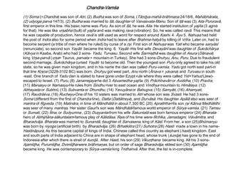 (1) Soma (=Chandra) was son of Atri, (2) Budha was son of Soma, (Tāņɖya-mahā-brāhmaņa 24/18/6, Mahābhārata,
(2) udyoga parva 147/3). (2) Budha was married to Iļā, daughter of Vaivasvata-Manu. Son of Iļā was (3) Aila Pururavā,
first emperor in this line. His basic name was Puru. As son of Iļā, he was Aila. He started institution of yajña (3 agnis
for that). He was like vŗşabha (bull) of yajña and was making rava (vibration). So, he was called ravā. This means that
he was capable of production, hence ravā is still used as word for respect around Kashi. 4. Āyu 5. Nahuşa had held
the post of Indra also for some period when Indra had to leave after Brahma-hatyā by killing of Vŗtra. Later on, had to
become serpent (a tribe of men where he ruled) by curse of a ŗşi. First son of Nahuşa was Yati who became sanyāsī
(renunciate), so second son Yayāti became the king. 6. Yayāti -His first wife Devayānī was daughter of Śukrāchārya
(Kāvya in Kaaba, Arab) who had 2 sons- Yadu, Turvasu. Second wife Śarmişţhā was daughter of Asura (Dānava)
king Vŗşa-parvā (vŗşa= Taurus, parvata = mountain-in Turkey). She had 3 sons-Druhyu, Anu, Puru. Due to fraudulent
second marriage, Śukrāchārya cursed Yayāti to become old. Then the youngest son Puru only agreed to take his old
state, so he was given main kingdom, and in his name the clan was called Puru-vamśa. Yadu got north east part-in
that line Kŗşņa (3228-3102 BC) was born. Druhyu got west part, Anu north (Ānava = yavana) and Turvasu in south
-east. One branch of Yadu clan is stated to have gone under Ezypt rule where they were called Yid=Yahud (Jew)-
escaped to Israel. (7) Puru, (8) Janamejaya-he did 3 Aśvamedha-yajña. (9) Prāchīnavān or Aviddha, (10) Pravīra,
(11) Manasyu or Namasyu-He rules from Sindhu river to east ocean and Vindhya mountain to Himālaya. (12)
Abhayada or Subhrū, (13) Subvanta or Dhundhu, (14) Yavuyāna or Bahugva, (15) Samyāti, (16) Ahamyati,
(17) Raudrāśva, (18) Rucheyu-One of his 10 sisters was married to Atri whose son was Svasti. He had 3 sons-
Soma (different from the first of Chandra line), Datta (Dattātreya), and Durvāsā. His daughter Apālā also was seer of
mantra of Ŗgveda. (19) Matināra, in time of Māndhātā in about 7,300 BC (20) Apratīrtha-His son ŗşi Kāņva Medhātithi
was seer of many mantras. Her sister Gaurī’s son was Māndhātā-famous world emperor of Sūrya-vamśa. (21) Tamsu
or Sumati, (22) Īlina, or Sudyumna , (23) Duşyanta-from his wife Śakuntalā was born famous emperor (24) Bharata-
hero of Abhijñāna-śākuntalam-famous play of Kālidāsa. Ŗşis of his time were-Ŗchīka, Jamadagni, Viśvāmitra, and
Bharadvāja. Bharata was married to Sunandā, daughter of Sarvasena, king of Kāśī. From her, a son (25)Bhūmanyu
was born by niyoga (artificial birth) by Bharadvāja. (26) Bŗhatkśtra (27) Suhotra (28) Hasti made a town in his name-
Hastināpura, As this became capital of kings of India, Chinese called this country as elephant (hasti) kingdom. East
and south parts of India adjacent to China are in shape of elephant head, whose trunk (śuņɖa) has gone to the end of
Indonesia after which there is strait of śuņɖā.. After Hasti, his son (29) Vikuņţhana became king. All his 3 sons-
Ajamīɖha, Purumīɖha, Dvimīɖha-were brāhmaņas, but on order of sage Bharadvāja, eldest son (30) Ajamīɖha
became king. He was contemporary to Sūrya-vamśa king Tridhanvā. After that, the list is in-complete.
Chandra-Vamśa
 