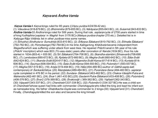 Kaņva-Vamśa-4 Kaņva kings ruled for 85 years ((Vişņu purāņa 4/24/39-42 etc).
(1) Vāsudeva (918-879 BC), (2) Bhūmimitra (879-855 BC), (3) Nārāyaņa (855-843 BC), (4) Suśarmā (843-833 BC).
Āndhra-Vamśa-33 Āndhra kings ruled for 506 years. During that rule, saptarşi-cycle of 2700 years started in time
of kingYudhişţhira (saptarşi in Maghā from 3176 BC)-(Matsya purāņa chapter 270 etc.). Detailed list is in
Kaliyuga Rāja Vŗttānta, list in other purāņas miss some names.
(1) Śimukha (Sindhuka or Sumukha)-(833-810 BC), (2) Śrīkŗşņa Śātakarņī (810-792 BC), (3) Śrīmalla Śātakarņī
(792-782 BC), (4) Pūrņotsanga (782-764 BC)-In his time Kalinga king Khārāvela became independent from
Magadha which was suffering under attack from west Asia. He repaired Prāchī canal in 5th year of his rule
(Prāchī inscription) which was 803 (Tri-vasu-śata ) years after coronation of Nanda (1634 BC), thus his rule
started in 1634-(803-4) = 835 BC. (5) Śrī Śātakarņī (764-708 BC), (6) Skandha-stambin (Śrīvasvanī)-(708-690
BC), (7) Lambodara (690-672 BC), (8) Āpilaka (672-660 BC), (9) Megha-Svāti (660-642 BC), (10) Śāta-Svāti
(642-624 BC), (11) Skanda-Svāti (624-617 BC), (12) Mŗgendra-Svāti-Karņa (617-614 BC), (13) Kuntala (614-
606 BC), (14) Saumya (606-594 BC), (15) Śata-Svāti-Karņa (594-593 BC), (16) Pulomāvi-1 (593-557 BC),
(17) Megha (557-519 BC), (18) Arişţa (519-494 BC), (19) Hāla (494-489 BC)-author of Gāthā-sapta-śatī,
contemporary of Śankarāchārya. (20) Maņɖalaka (489-484 BC), (21) Purandara-Sena (484-463 BC)- saptarşi-
cycle completed in 476 BC in his period. (22) Sundara- Śātakarņī (463-462 BC), (23) Chakra-Vāsişţhī-Putra and
Mahendra (462-461 BC), (24) Śiva-1 (461-433 BC),(25) Gautamī-Putra-Śātakarņī (433-408 BC), (26) Pulomāvi-2
(408-376 BC), (27) Śiva-2 (376-369 BC), (28) Śivakoņɖā ( 369-362 BC), (29) Yajñaśrī (362-343 BC),
(30) Vijayaśrī (343-337 BC), (31) Chandraśrī (337-334 BC), (32) Pulomāvi-3 (334-327 BC)-He was a child son
of Chandraśrī whose queen had links with commander Chandragupta who killed the king and kept his infant son
as namesake king. His father Ghaţotkacha-Gupta was commander to 2 kings-(30) Vijayaśrī and (31) Chandraśrī.
Finally, Chandragupta killed the son also and became the king himself.
Kaņva and Āndhra Vamśa
 