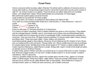 Puruşa Theory
Pura is a structure within boundary called Chhanda. The whole world is collection of structures and is a
Puruşa. Man itself is a Puruşa being image of world in sense that human brain has the same number of
cells 1011 as number of stars in our galaxy. Those structures are called Viśva which are complete,
closed , and independent. Higher Viśvas (world levels) are successively 107 times bigger-
Man-earth-solar system-galaxy-Universe=5 levels
Lower worlds are successively 105 times smaller-
(1) Cell- (2) atom- (3) nucleus- (4) particles-(5) Deva-dānava, (6) Pitara (7) Ŗşi
Thus, there is a cross symmetry-when levels are 5, internal ratio is 7, when levels are 7, ratio is 5-
Levels Inner Ratio
5 Gross 7 (power of 10)
7 Micro 5 (power of 10)
Since it is with base 10, Universe should be of 10 dimensions.
In no theory of modern cosmology, there is relation between any gross or micro structure. They explain
only the average features. Similarly, size of micro-levels up to nucleus only are defined-levels below
that are smaller than the measuring rod which is wavelength of light. Levels below atomic particles are
not known. There are more than 100 types of atomic particles in 3 groups-Lepton (light), baryon (heavy)
and Meson (link). These have been called –Chara, sthāņu, and Anupūrva.
Level below particle (jagat) is Deva-dānava. Devas are 33 and Dānavas are 99. Creation is from Devas
only, so created world is only one-fourth (Puruşa-sūkta, 3,4). Pitar is smaller level and may be prototype
for creating higher levels. Smallest level is Ŗşi whose length of 10-35 meters is called smallest length in
modern Quantum Mechanics, called Planck’s Length. Strings (Ŗşi =rassi in hindi) of that length are taken
as ultimate source in all String Theories.
In higher levels, sphere of Moon orbit also is a world level as it is cause of life forms on earth. Including
that, there are 5 bigger worlds, 6 is man and 7 smaller worlds-a total of 13, So the number 13 itself is
indicated by ‘Viśva’ in astronomy.
Viśva is a complete visible structure, Jagat is the invisible action and life in that. Jagat is of 14 levels
called 14 Bhūta-sargas. These are 8 higher, called Sattva. These are average Prāņa levels of each
loka and one is common for all, called Brahma. Man is intermediate. Tamo-viśāla are 5-3 types of
animals of earth, water, air. Plants are semi-conscious, soil is hidden conscious.
 