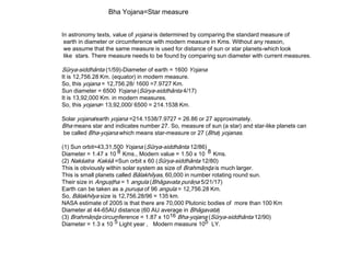 Bha Yojana=Star measure
In astronomy texts, value of yojana is determined by comparing the standard measure of
earth in diameter or circumference with modern measure in Kms. Without any reason,
we assume that the same measure is used for distance of sun or star planets-which look
like stars. There measure needs to be found by comparing sun diameter with current measures.
Sūrya-siddhānta (1/59)-Diameter of earth = 1600 Yojana
It is 12,756.28 Km. (equator) in modern measure.
So, this yojana = 12,756.28/ 1600 =7.9727 Km.
Sun diameter = 6500 Yojana (Sūrya-siddhānta 4/17)
It is 13,92,000 Km. in modern measures.
So, this yojana= 13,92,000/ 6500 = 214.1538 Km.
Solar yojana/earth yojana =214.1538/7.9727 = 26.86 or 27 approximately.
Bha means star and indicates number 27. So, measure of sun (a star) and star-like planets can
be called Bha-yojana which means star-measure or 27 (Bha) yojanas.
(1) Sun orbit=43,31,500 Yojana (Sūrya-siddhānta 12/86)
Diameter = 1.47 x 10 Kms., Modern value = 1.50 x 10 Kms.
(2) Nakśatra Kakśā =Sun orbit x 60 (Sūrya-siddhānta 12/80)
This is obviously within solar system as size of Brahmāņɖa is much larger.
This is small planets called Bālakhilyas, 60,000 in number rotating round sun.
Their size in Anguşţha = 1 angula (Bhāgavata purāņa 5/21/17)
Earth can be taken as a puruşa of 96 angula = 12,756.28 Km.
So, Bālakhilya size is 12,756.28/96 = 135 km.
NASA estimate of 2005 is that there are 70,000 Plutonic bodies of more than 100 Km
Diameter at 44-65AU distance (60 AU average in Bhāgavata)
(3) Brahmāņɖa circumference = 1.87 x 10 Bha-yojana (Sūrya-siddhānta 12/90)
Diameter = 1.3 x 10 Light year , Modern measure 10 LY.55
16
88
 