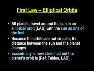 First Law – Elliptical Orbits All planets travel around the sun in an  elliptical orbit  (LAB) with the  sun as one of the foci   Because the orbits are not circular, the distance between the sun and the planet changes Eccentricity is how stretched out  the planet’s orbit is (Ref. Tables, LAB)  