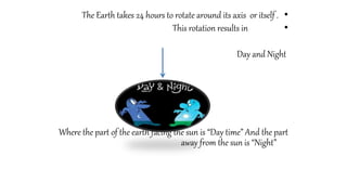 •The Earth takes 24 hours to rotate around its axis or itself .
•This rotation results in
Day and Night
Where the part of the earth facing the sun is “Day time” And the part
away from the sun is “Night”
 