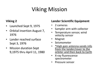Viking Mission
Viking 2 Lander Scientific Equipment
• Launched Sept 9, 1975
• Orbital insertion August 7,
1976
• Lander reached surface
Sept 3, 1976
• Mission duration Sept
9,1975 thru April 11, 1980
• 2 cameras
• Sampler arm with collector
• Temperature sensor, wind
velocity sensor
• Magnet
• Seismometer
• *High gain antenna-sends info
from the lander/rover to the
orbiter and then back to Earth
• X-ray fluorescence
spectrometer
• Pressure sensor
 