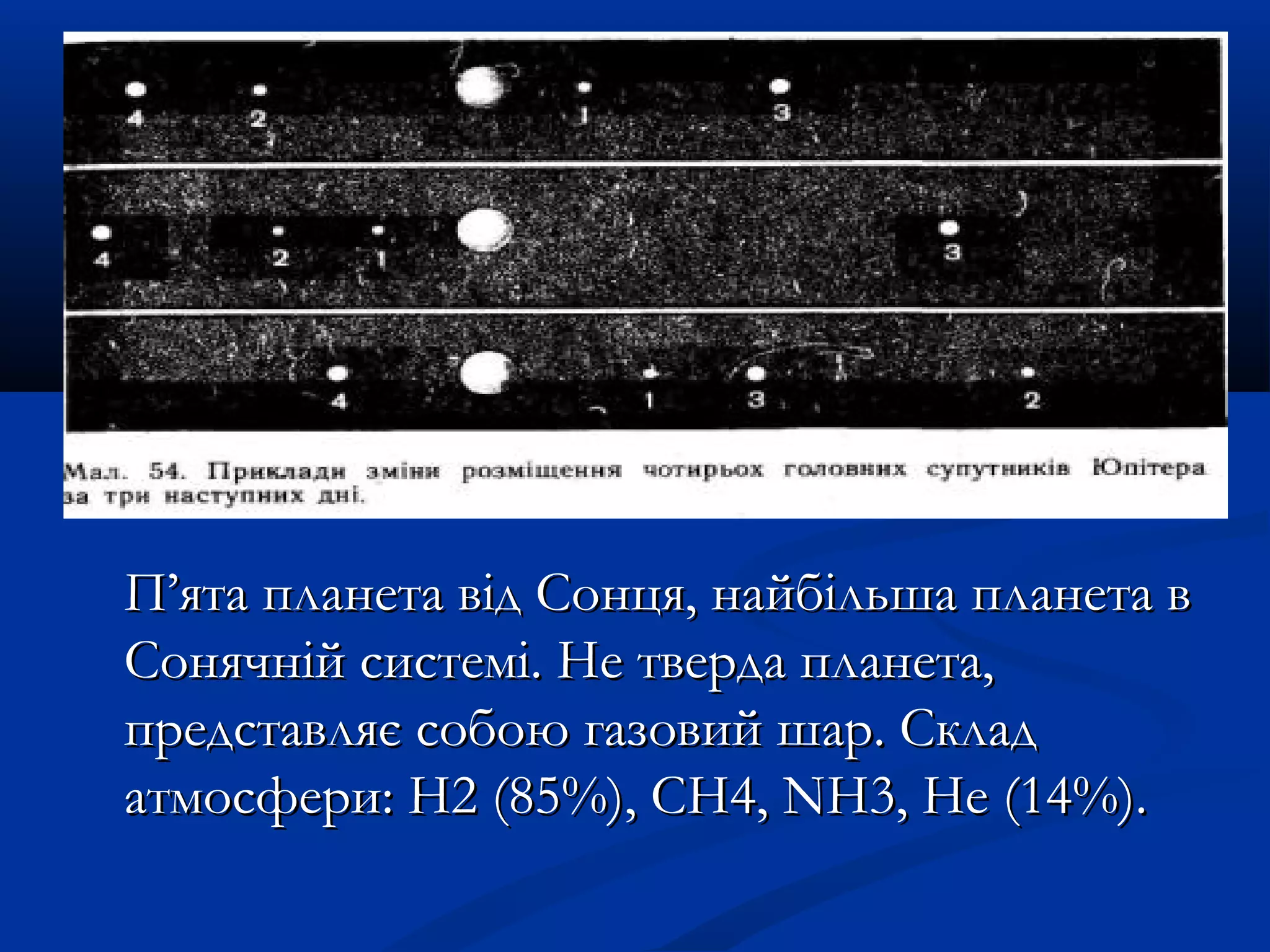 ЮПІТЕРЮПІТЕР
П’ята планета від Сонця, найбільша планета вП’ята планета від Сонця, найбільша планета в
Сонячній системі. Не тверда планета,Сонячній системі. Не тверда планета,
представляє собою газовий шар. Складпредставляє собою газовий шар. Склад
атмосфери: Н2 (85атмосфери: Н2 (85%%), СН4,), СН4, NNН3, Не (14Н3, Не (14%%).).
 