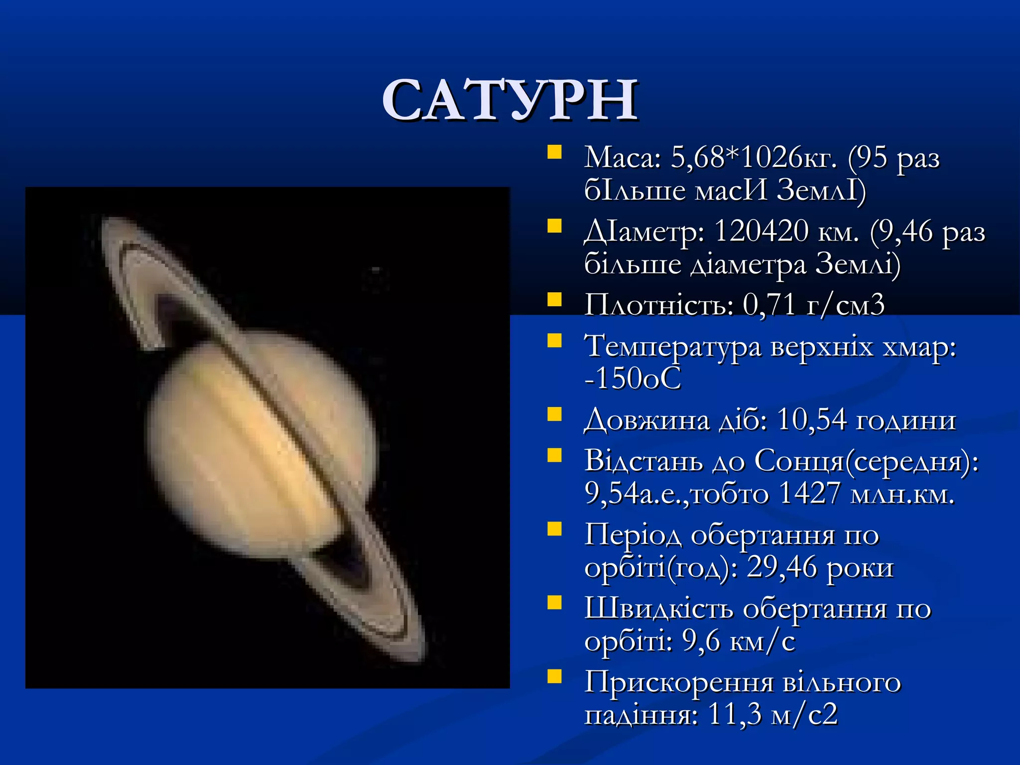 САТУРНСАТУРН
 Maca: 5,68*1026кг. (95 разMaca: 5,68*1026кг. (95 раз
бІльше масИ ЗемлІ)бІльше масИ ЗемлІ)
 ДІаметр: 120420 км. (9,46 разДІаметр: 120420 км. (9,46 раз
більше діаметра Землі)більше діаметра Землі)
 Плотність: 0,71 г/см3Плотність: 0,71 г/см3
 Температура верхніх хмар:Температура верхніх хмар:
-150oC-150oC
 Довжина діб: 10,54 годиниДовжина діб: 10,54 години
 Відстань до Сонця(середня):Відстань до Сонця(середня):
9,54а.е.,тобто 1427 млн.км.9,54а.е.,тобто 1427 млн.км.
 Період обертання поПеріод обертання по
орбіті(год): 29,46 рокиорбіті(год): 29,46 роки
 Швидкість обертання поШвидкість обертання по
орбіті: 9,6 км/cорбіті: 9,6 км/c
 Прискорення вільногоПрискорення вільного
падіння: 11,3 м/c2падіння: 11,3 м/c2
 