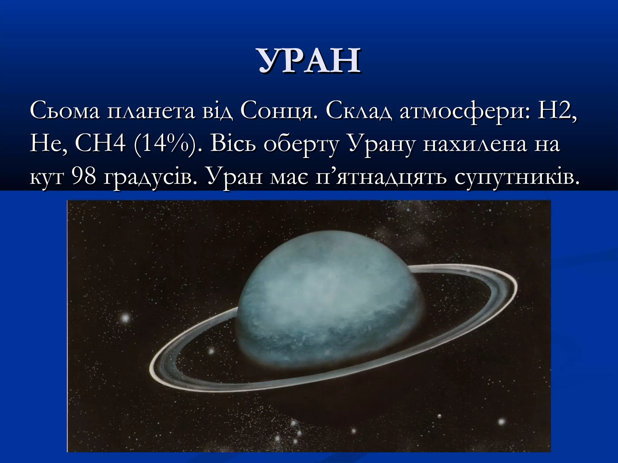 УРАНУРАН
Сьома планета від Сонця. Склад атмосфери: Н2,Сьома планета від Сонця. Склад атмосфери: Н2,
Не, СН4 (14%). Вісь оберту Урану нахилена наНе, СН4 (14%). Вісь оберту Урану нахилена на
кут 98 градусів. Уран має п’ятнадцять супутників.кут 98 градусів. Уран має п’ятнадцять супутників.
 