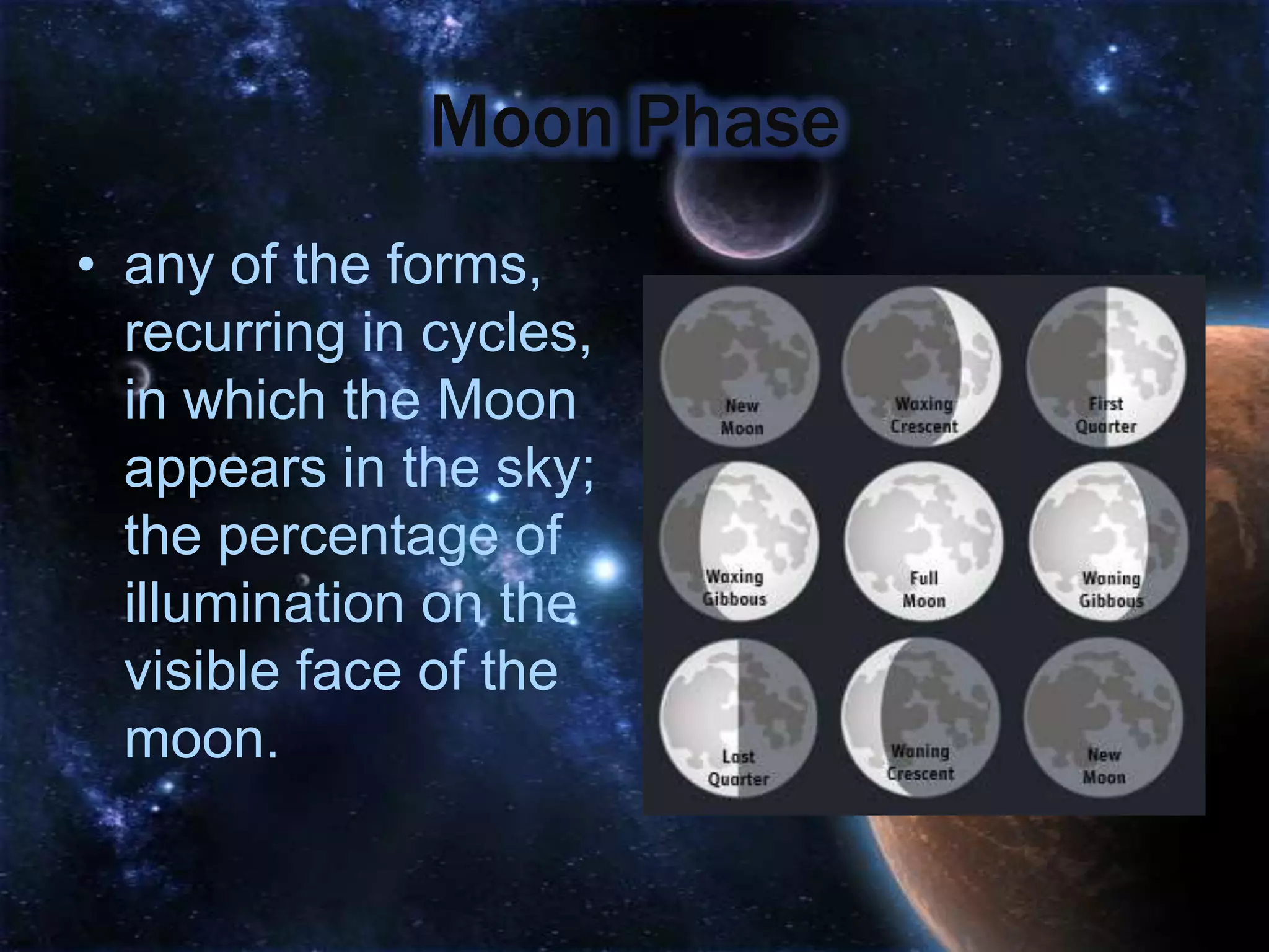 Moon Phase
• any of the forms,
  recurring in cycles,
  in which the Moon
  appears in the sky;
  the percentage of
  illumination on the
  visible face of the
  moon.
 