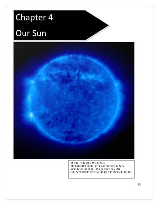 15
Chapter 4
Our Sun
Required Work:
Hom ework cD Questions
Workbook: Pages 13 - 20
Sun Test (Teacher Provided)
 