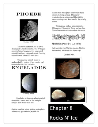 66
Pho ebe
Courtesy NASA
This moon of Saturn has an orbit
distance of 7.5 million miles. The 9th
largest
moon in Saturn’s system, it is a captured
asteroid that has a retrograde orbit. One trip
around Saturn takes 550 earth days.
This asteroid turned- moon is
pockmarked by craters. It has a water and
carbon dioxide - ice, covering.
Enceladus
Courtesy NASA
Enceladus is the most reflective of all
the moons. About 99% of the sunlight
reflects from its surface. It is
also the smallest moon with an atmosphere.
It has water geysers that provide the
inconsistent atmosphere and replenishes a
smooth looking surface. The energy
producing these actions could be tidal in
nature coming from Saturn and a few nearby
moons.
The average surface temperature is -
330 degrees Fahrenheit. There are less than
20 smaller craters to be found on the moon.
M oons Photo Album
Below are the two Martian moons, Phobos
and Deimos. Phobos is the on the top.
Credit NASA
Chapter 8
Rocks N’ Ice
 