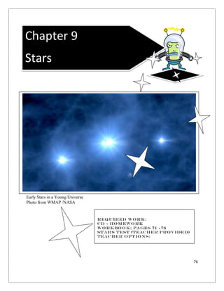 76
Early Stars in a Young Universe
Photo from WMAP /NASA
Chapter 9
Stars
Required Work:
cD - Hom ework
Workbook: Pages 71 -76
Stars Test (Teacher Provided)
Teacher Options:
 