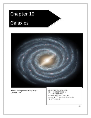 88
Artist’s concept of the Milky Way.
Credit NASA
Required Work:
cD - Hom ework
D Questions
Workbook: 71 -76
Galaxy Test (Teacher
Provided)
Chapter 10
Galaxies
 