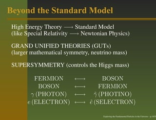 Beyond the Standard Model
 High Energy Theory −→ Standard Model
 (like Special Relativity −→ Newtonian Physics)

 GRAND UNIFIED THEORIES (GUTs)
 (larger mathematical symmetry, neutrino mass)

 SUPERSYMMETRY (controls the Higgs mass)

          FERMION        ←→      BOSON
           BOSON         ←→     FERMION
        γ (PHOTON)       ←→ γ (PHOTINO)
                              ˜
       e (ELECTRON)      ←→ e (SELECTRON)
                            ˜

                                    Exploring the Fundamental Particles in the Universe – p.14/29
 