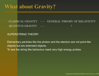 What about Gravity?

  CLASSICAL GRAVITY          −− GENERAL THEORY OF RELATIVITY
  QUANTUM GRAVITY            −−                             ?


 SUPERSTRING THEORY

 Elementary particles like the photon and the electron are not point-like
 objects but are extended objects.
 To see the string like behaviour need very high energy probes.




                                                   Exploring the Fundamental Particles in the Universe – p.16/29
 