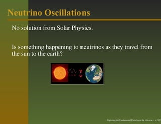 Neutrino Oscillations
 No solution from Solar Physics.


 Is something happening to neutrinos as they travel from
 the sun to the earth?




                                      Exploring the Fundamental Particles in the Universe – p.19/29
 