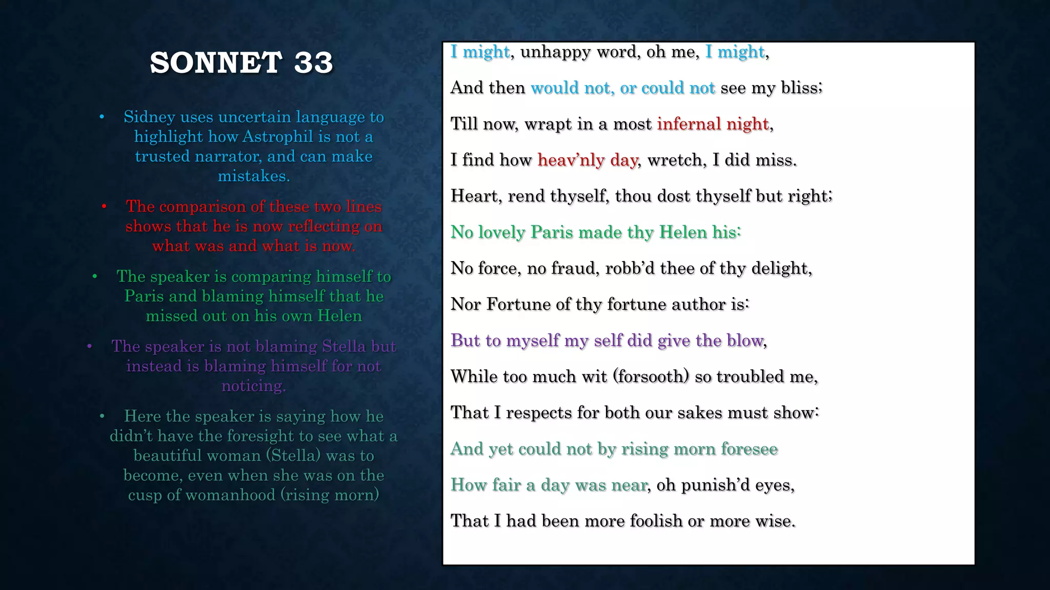 SONNET 33 I might, unhappy word, oh me, I might, 
And then would not, or could not see my bliss; 
Till now, wrapt in a most infernal night, 
I find how heav’nly day, wretch, I did miss. 
Heart, rend thyself, thou dost thyself but right; 
No lovely Paris made thy Helen his: 
No force, no fraud, robb’d thee of thy delight, 
Nor Fortune of thy fortune author is: 
But to myself my self did give the blow, 
While too much wit (forsooth) so troubled me, 
That I respects for both our sakes must show: 
And yet could not by rising morn foresee 
How fair a day was near, oh punish’d eyes, 
That I had been more foolish or more wise. 
• Sidney uses uncertain language to 
highlight how Astrophil is not a 
trusted narrator, and can make 
mistakes. 
• The comparison of these two lines 
shows that he is now reflecting on 
what was and what is now. 
• The speaker is comparing himself to 
Paris and blaming himself that he 
missed out on his own Helen 
• The speaker is not blaming Stella but 
instead is blaming himself for not 
noticing. 
• Here the speaker is saying how he 
didn’t have the foresight to see what a 
beautiful woman (Stella) was to 
become, even when she was on the 
cusp of womanhood (rising morn) 
 