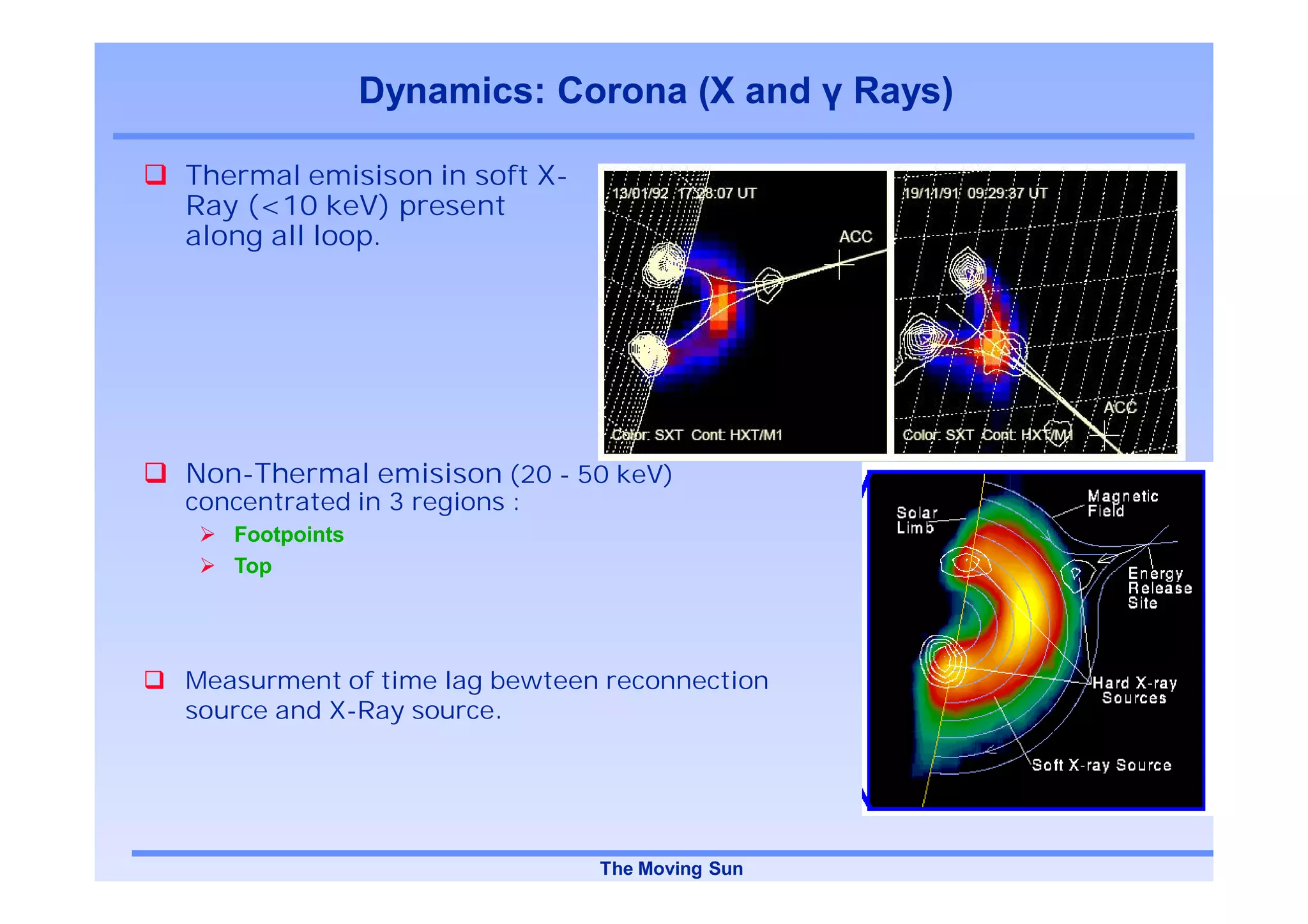 Dynamics: Corona (X and        Rays)

Thermal emisison in soft X-
Ray (<10 keV) present
along all loop.




Non-Thermal emisison (20 - 50 keV)
concentrated in 3 regions :
   Footpoints
   Top




Measurment of time lag bewteen reconnection
source and X-Ray source.




                              The Moving Sun
 