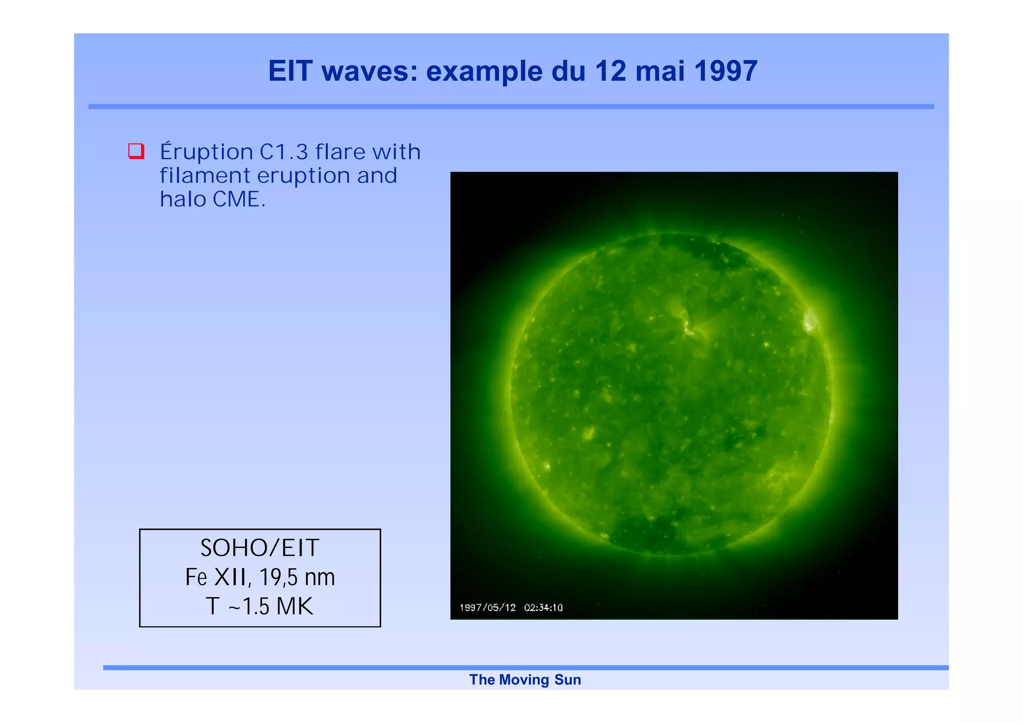 EIT waves: example du 12 mai 1997

Éruption C1.3 flare with
filament eruption and
halo CME.




   SOHO/EIT
  Fe XII, 19,5 nm
    T ~1.5 MK

                           The Moving Sun
 