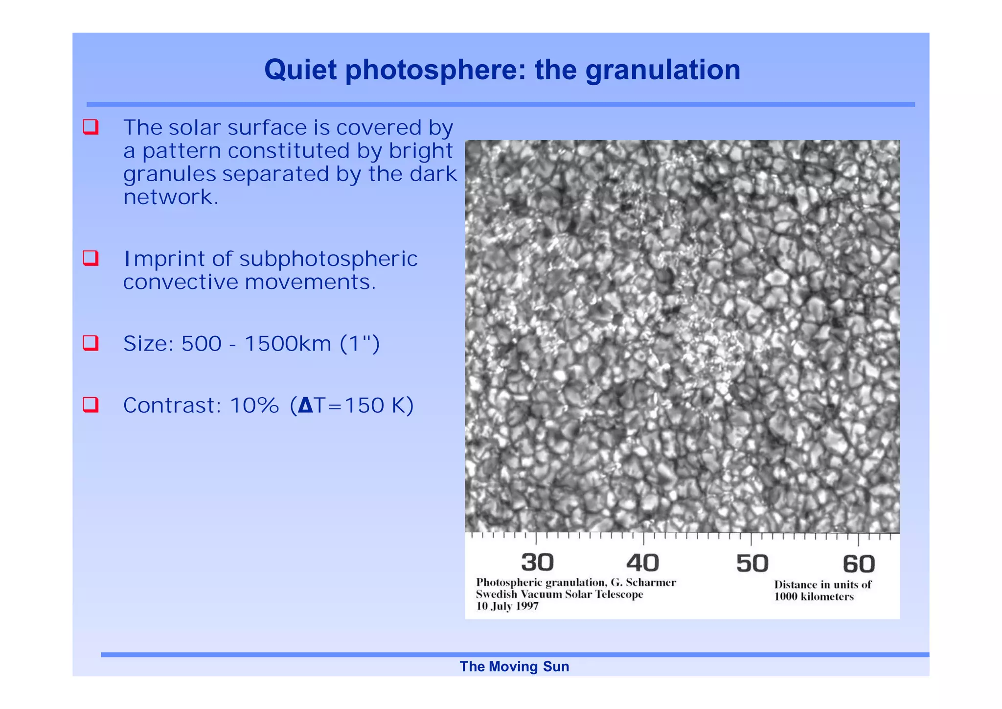 Quiet photosphere: the granulation
The solar surface is covered by
a pattern constituted by bright
granules separated by the dark
network.

Imprint of subphotospheric
convective movements.

Size: 500 - 1500km (1")

Contrast: 10% ( T=150 K)




                                  The Moving Sun
 