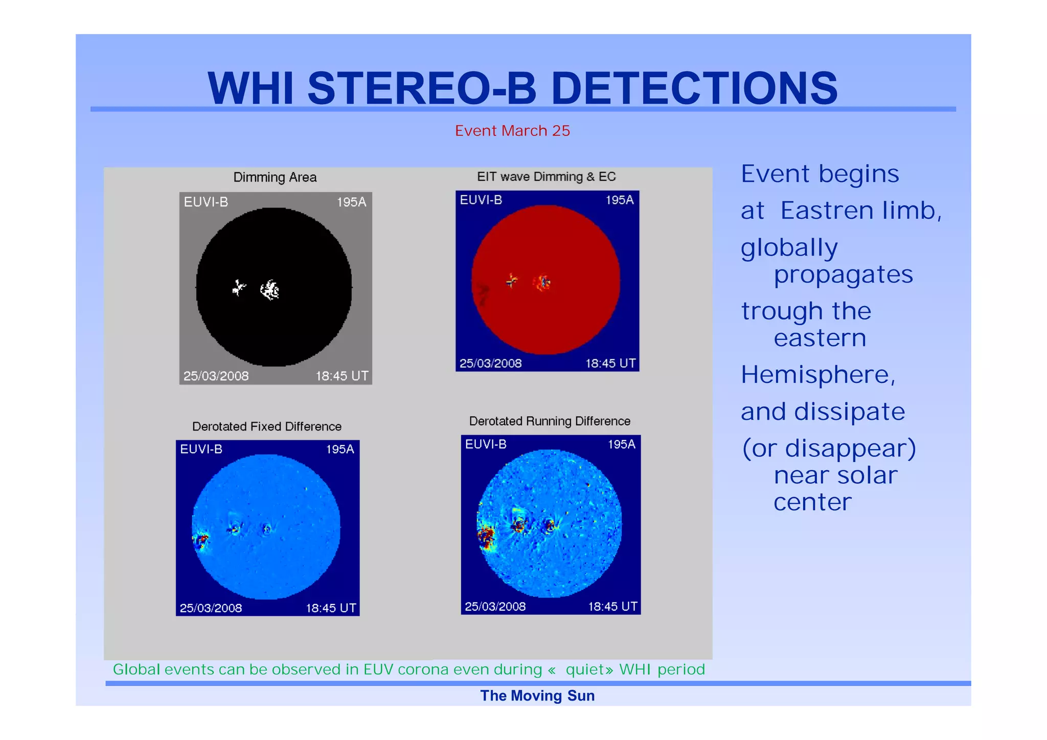 WHI STEREO-B DETECTIONS
               STEREO-
                                           Event March 25


                                                                              Event begins
                                                                              at Eastren limb,
                                                                              globally
                                                                                 propagates
                                                                              trough the
                                                                                 eastern
                                                                              Hemisphere,
                                                                              and dissipate
                                                                              (or disappear)
                                                                                 near solar
                                                                                 center




Global events can be observed in EUV corona even during « quiet» WHI period
                                              The Moving Sun
 
